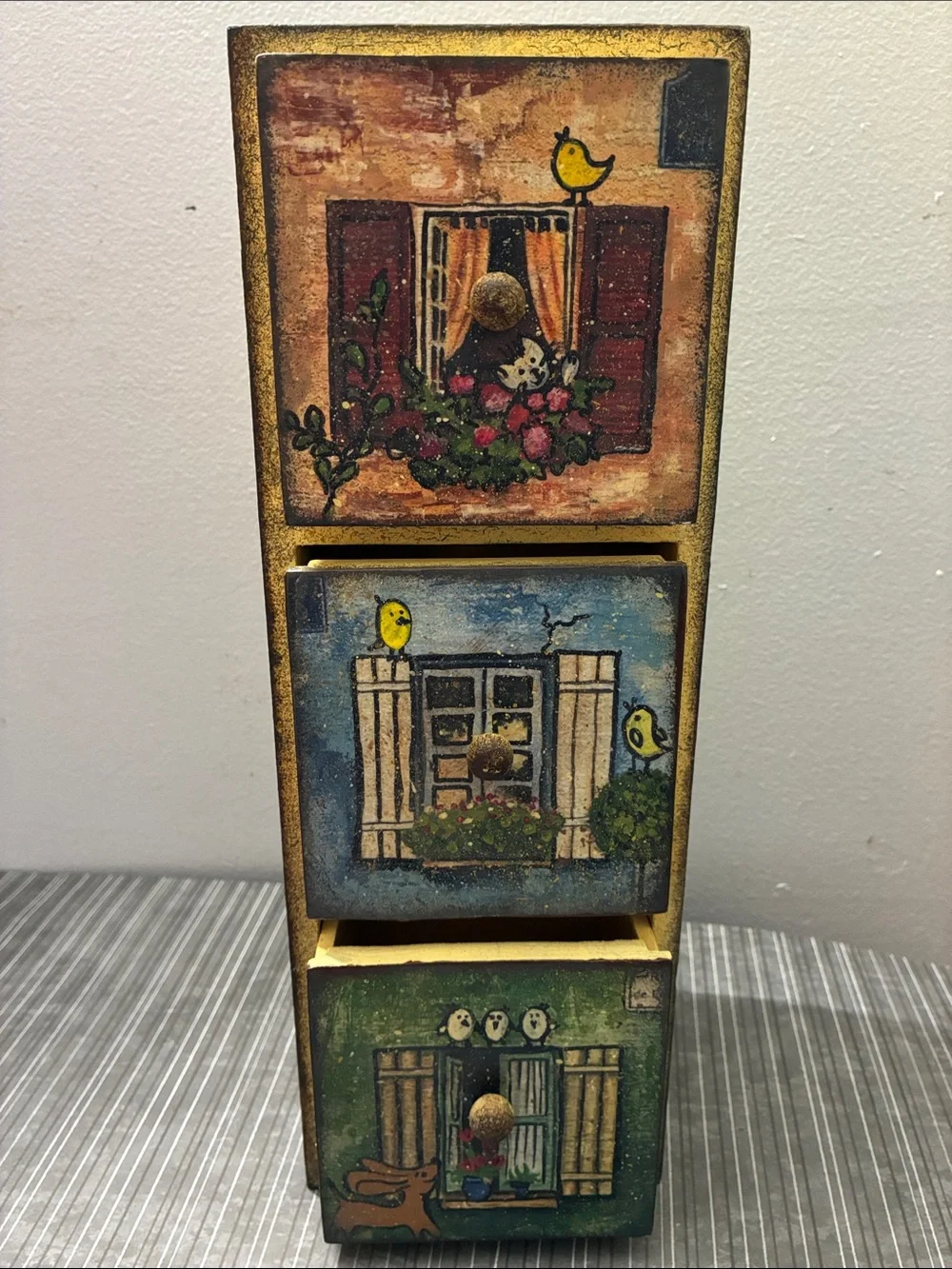 3-Drawer Wooden Chest with Bird Window Motifs